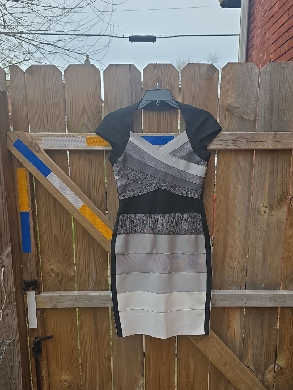VENUS Gray, Black & Cream Bandage Midi Dress
